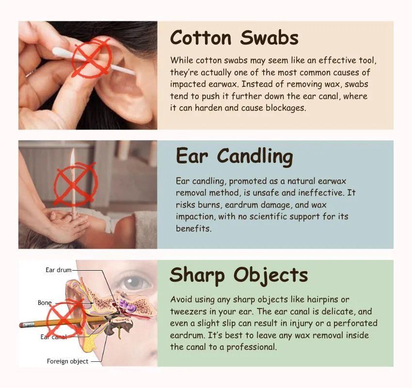 dont insert Cotton Swabs Ear Candling and Sharp Objects in ear